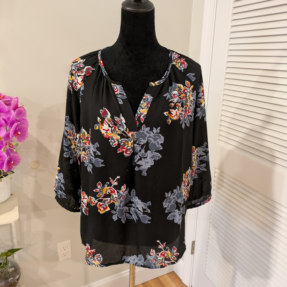 Cynthia Rowley Black Floral Blouse Size L